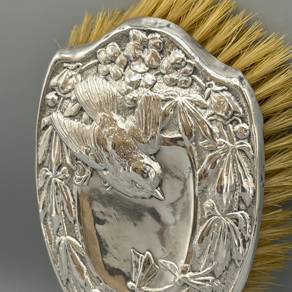 Art Nouveau Sterling Silver Hair Brush with Embossed Bird View X