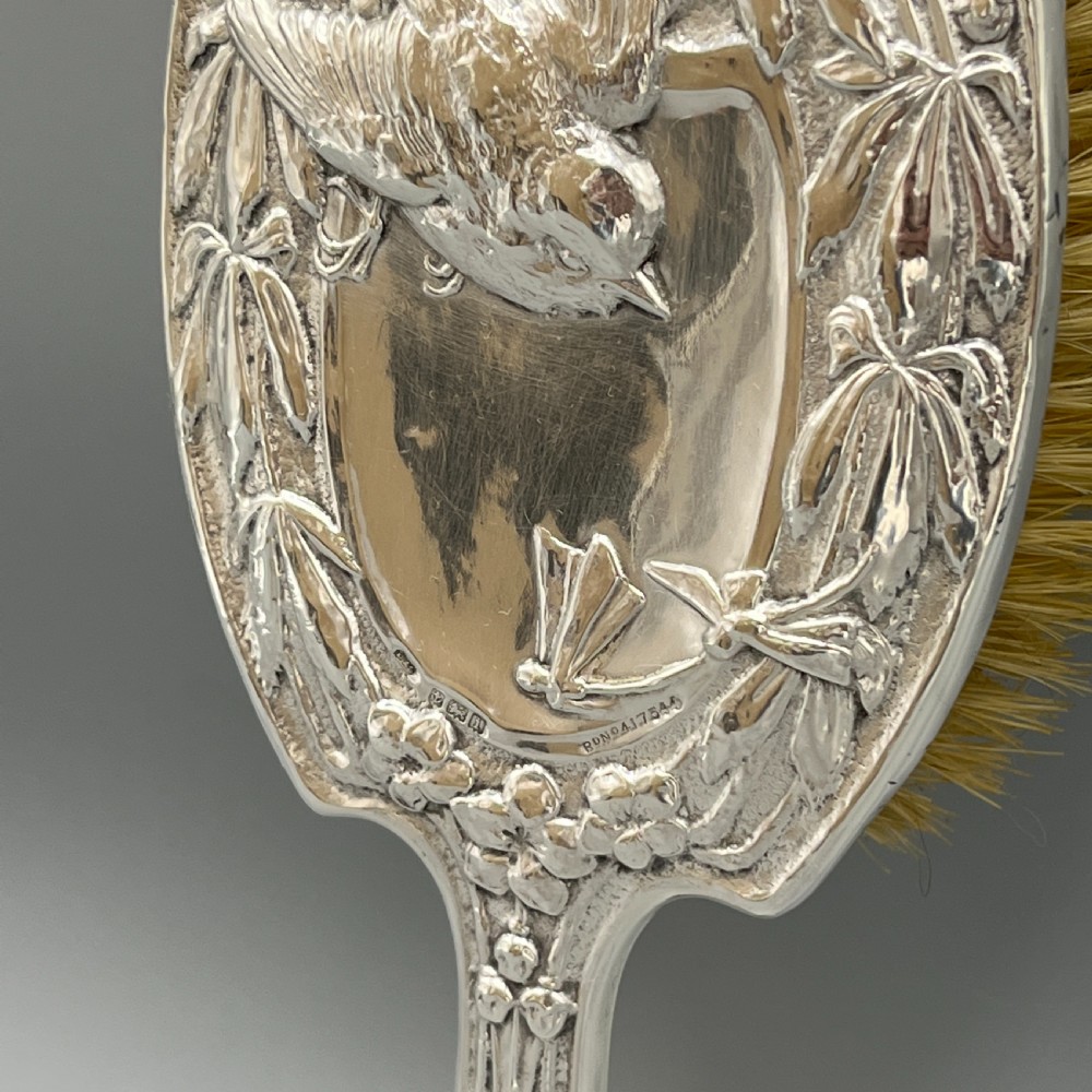 Art Nouveau Sterling Silver Hair Brush with Embossed Bird View XI