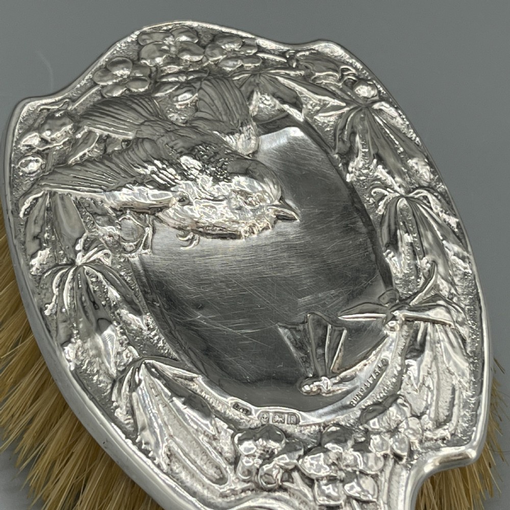 Art Nouveau Sterling Silver Hair Brush with Embossed Bird View XVI