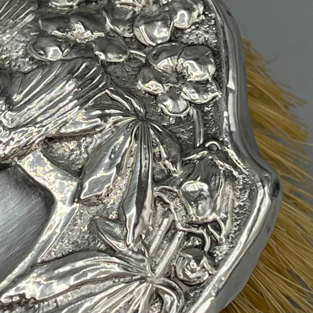 Art Nouveau Sterling Silver Hair Brush with Embossed Bird View XXI