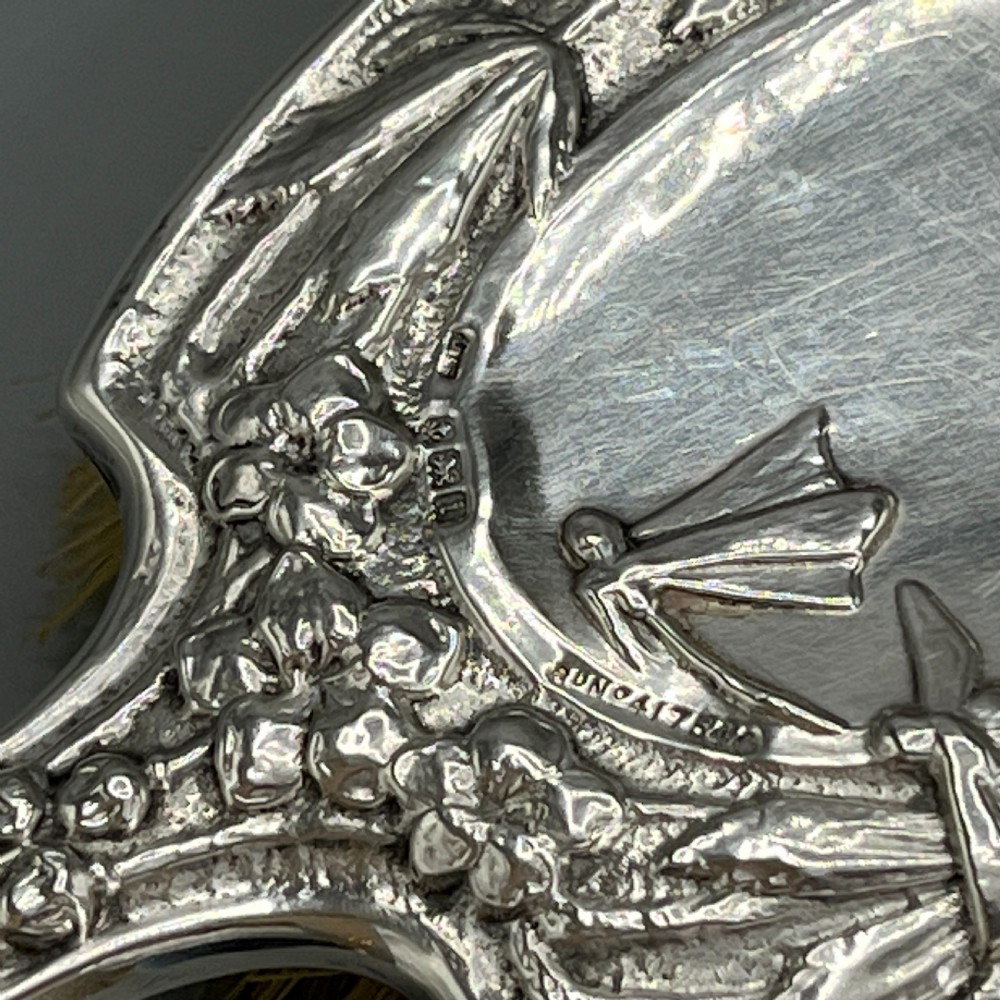 Art Nouveau Sterling Silver Hair Brush with Embossed Bird View XXII