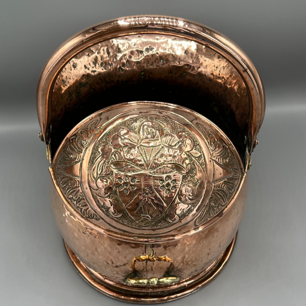 Victorian Solid Copper Coal Scuttle Bucket with Embossed Coat of Arms View II