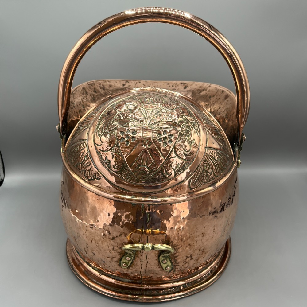 Victorian Solid Copper Coal Scuttle Bucket with Embossed Coat of Arms View III