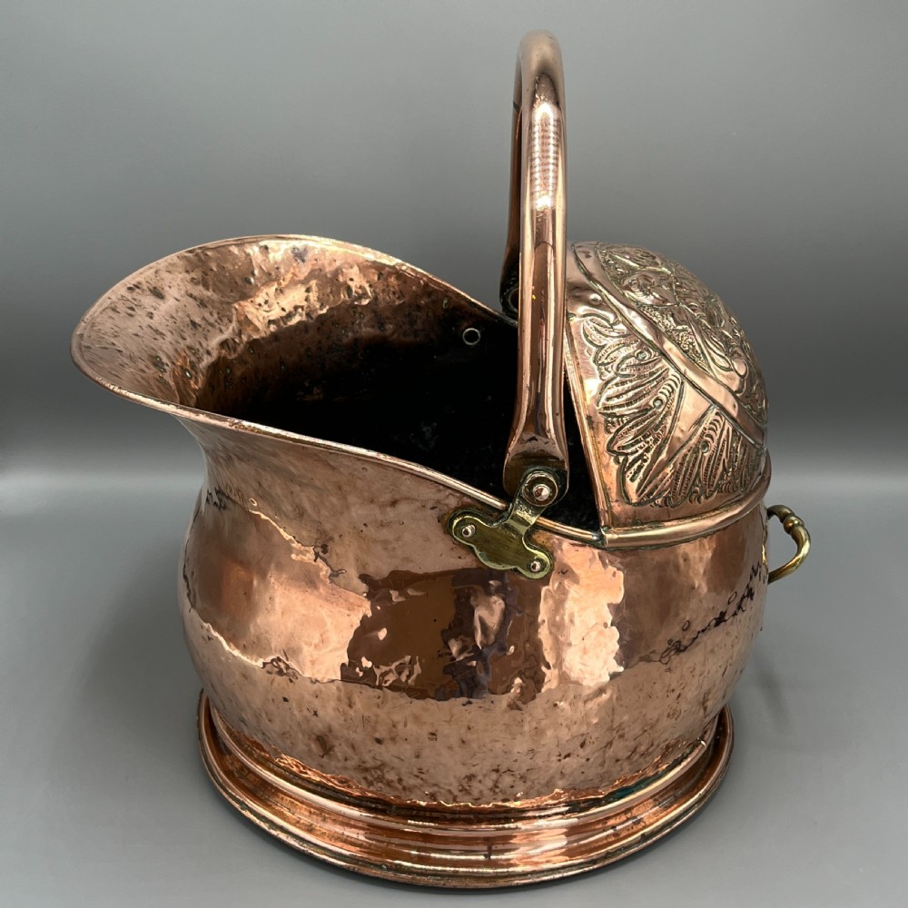 Victorian Solid Copper Coal Scuttle Bucket with Embossed Coat of Arms View IV