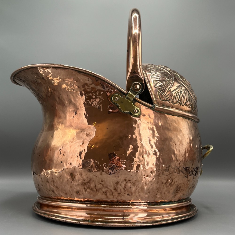Victorian Solid Copper Coal Scuttle Bucket with Embossed Coat of Arms View V