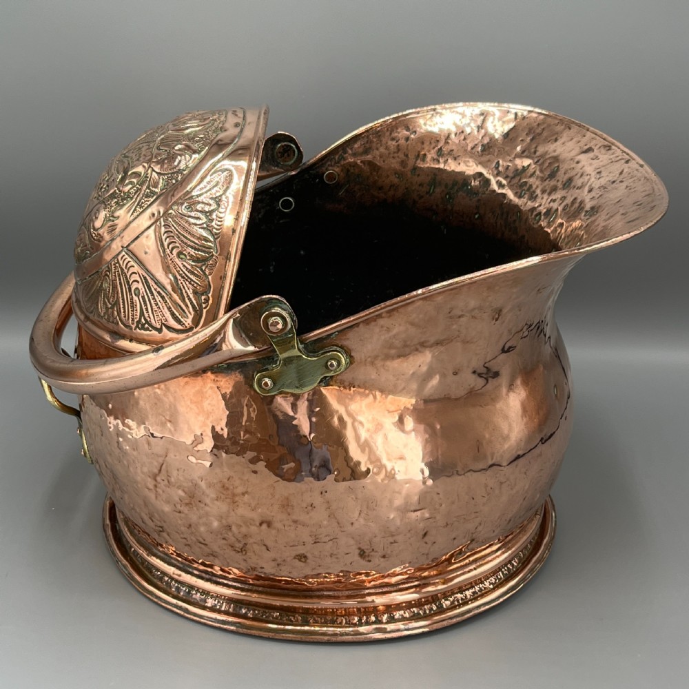Victorian Solid Copper Coal Scuttle Bucket with Embossed Coat of Arms View IX