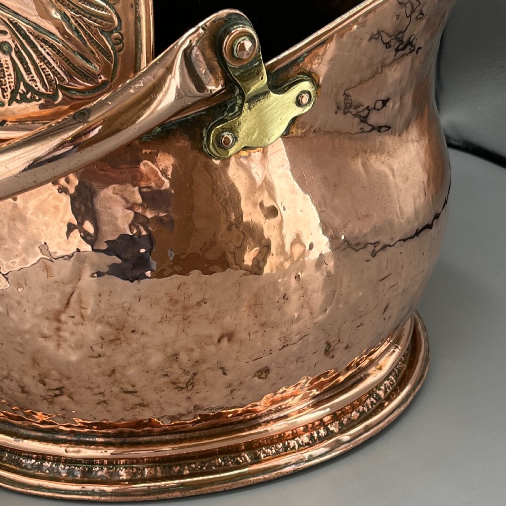 Victorian Solid Copper Coal Scuttle Bucket with Embossed Coat of Arms View X