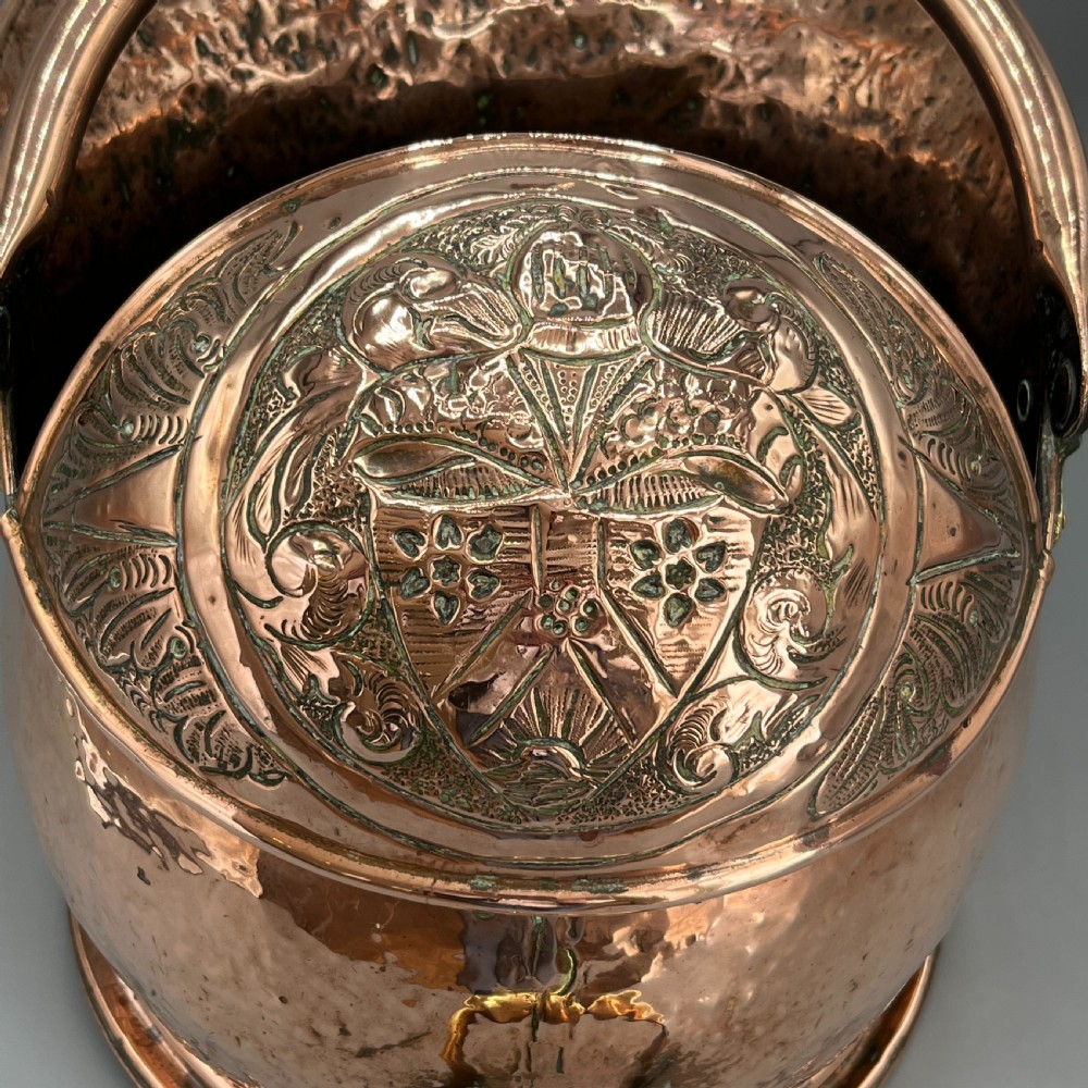 Victorian Solid Copper Coal Scuttle Bucket with Embossed Coat of Arms View XI