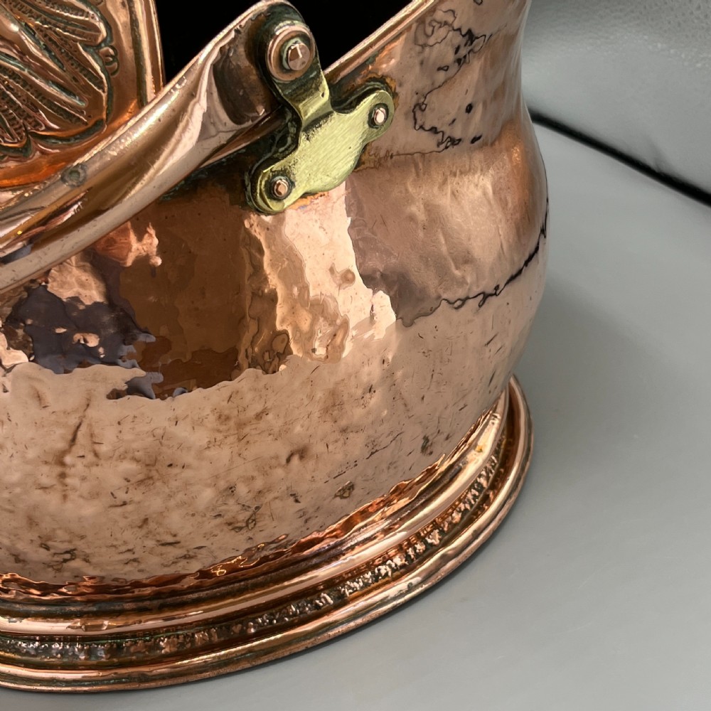 Victorian Solid Copper Coal Scuttle Bucket with Embossed Coat of Arms View XVII