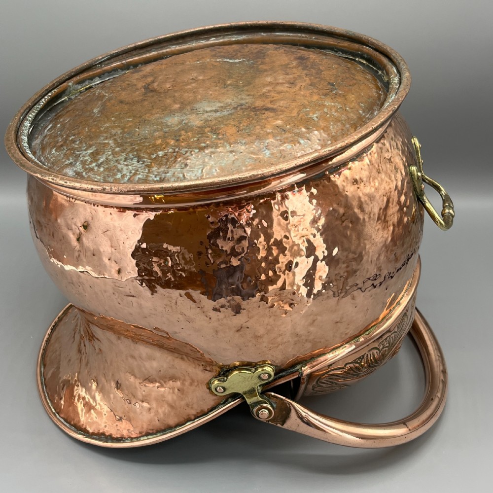 Victorian Solid Copper Coal Scuttle Bucket with Embossed Coat of Arms View XX