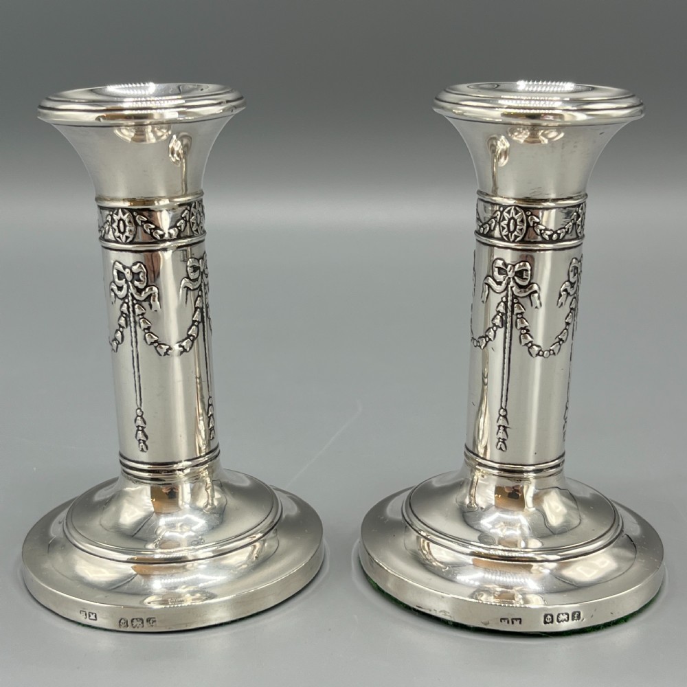 Pair Sterling Silver Candlesticks Hallmarked 1905 with Ribbon Bow Garlands View II