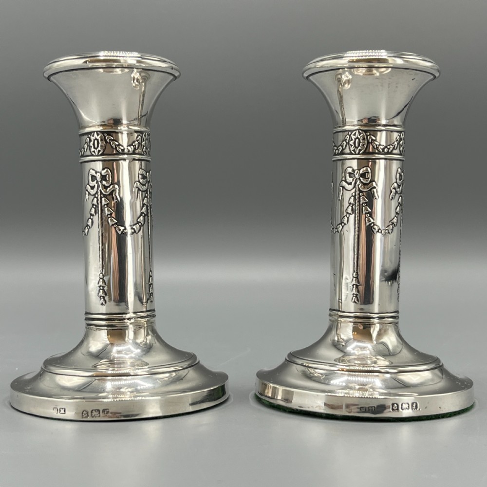 Pair Sterling Silver Candlesticks Hallmarked 1905 with Ribbon Bow Garlands View III