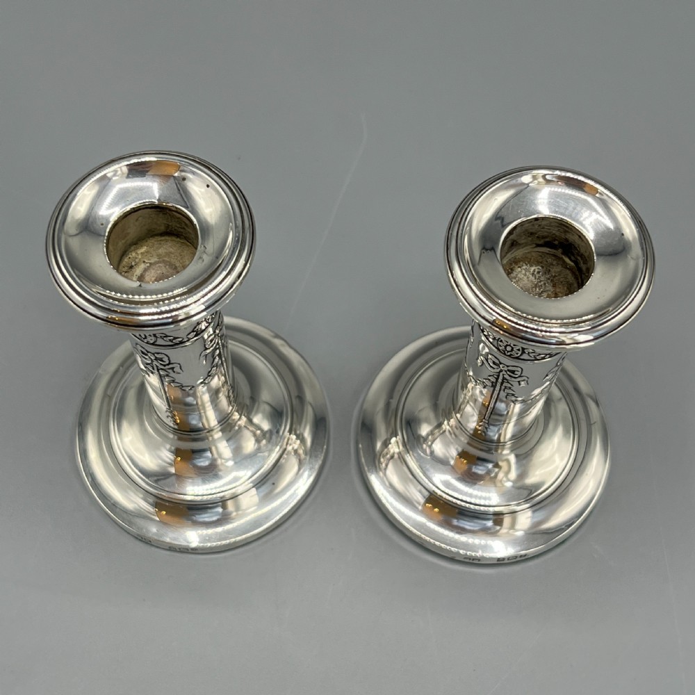 Pair Sterling Silver Candlesticks Hallmarked 1905 with Ribbon Bow Garlands View VIII