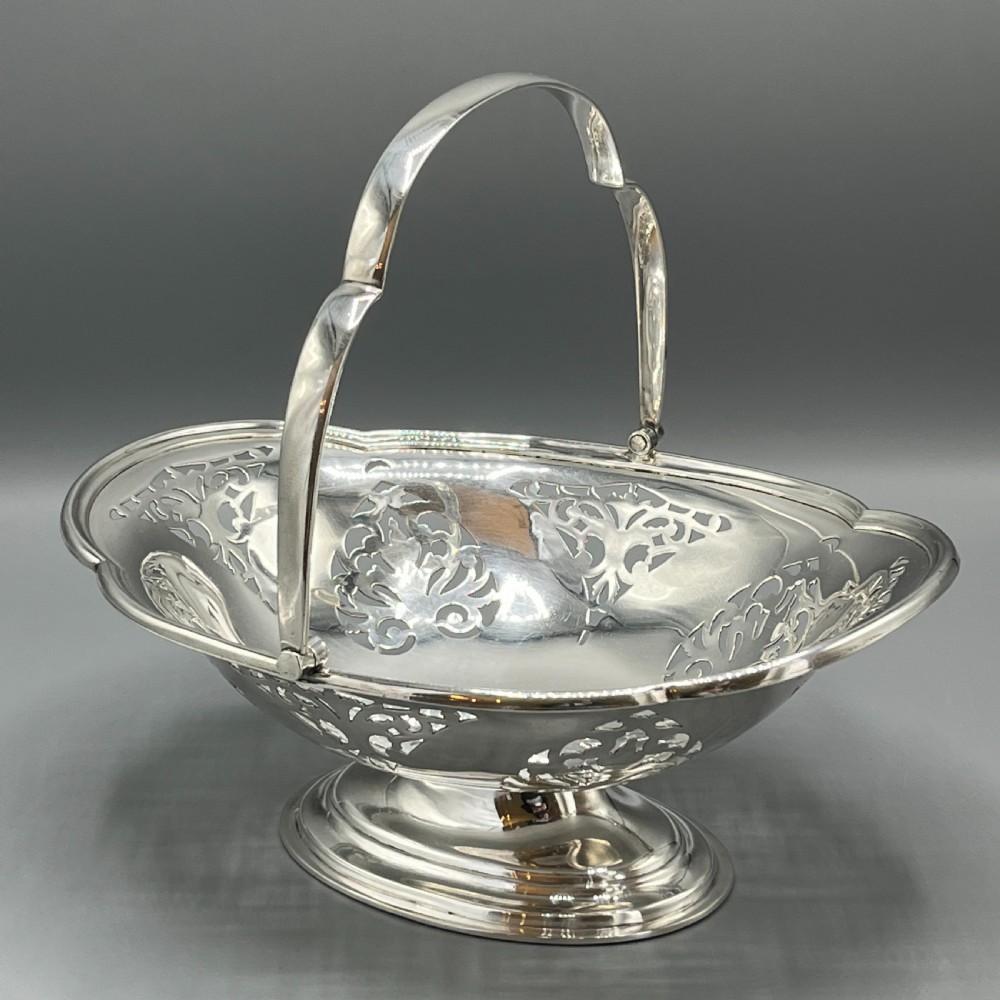 English Silver Plated Pierced Fruit Basket with Swing Handle