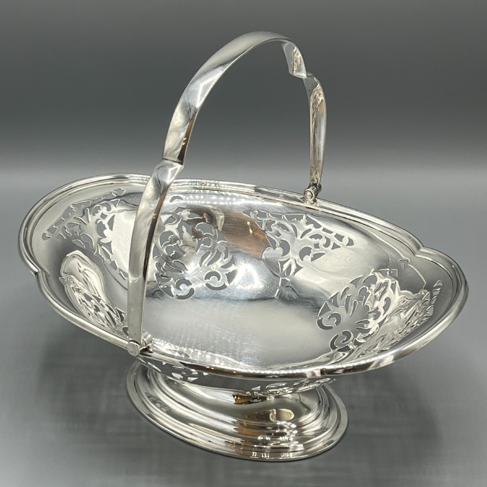 English Silver Plated Pierced Fruit Basket with Swing Handle View II