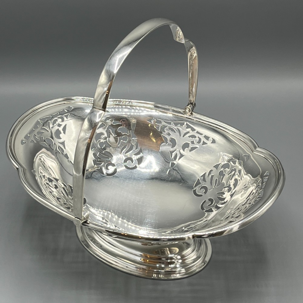 English Silver Plated Pierced Fruit Basket with Swing Handle View III