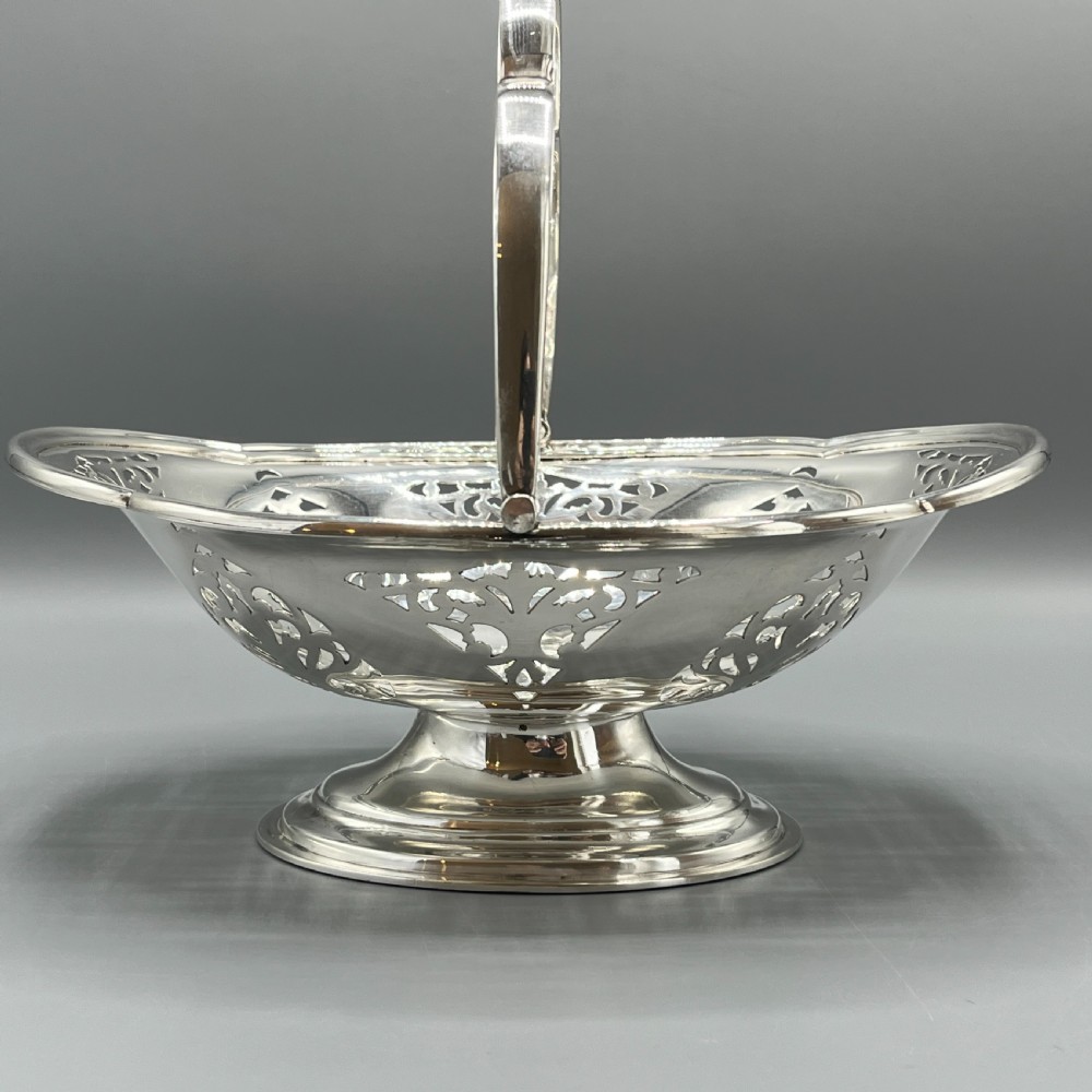English Silver Plated Pierced Fruit Basket with Swing Handle View V