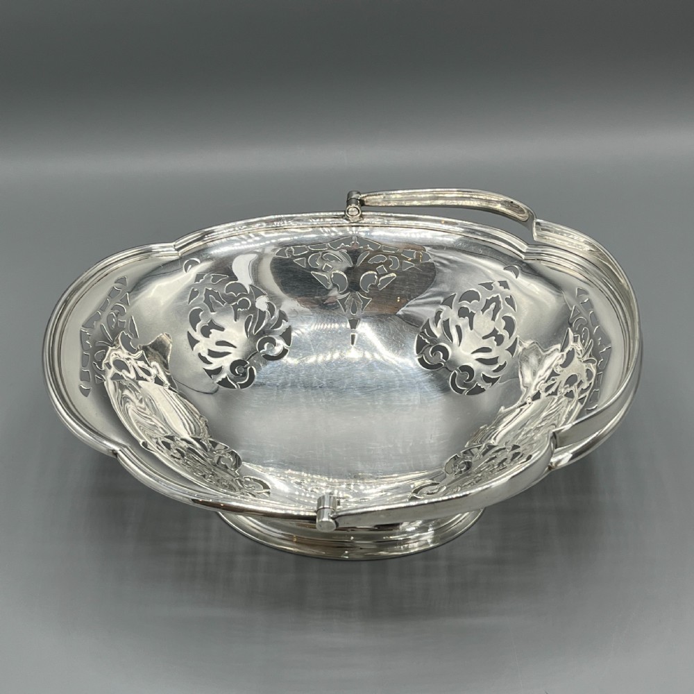English Silver Plated Pierced Fruit Basket with Swing Handle View VI
