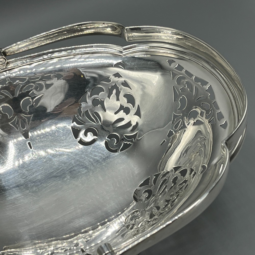 English Silver Plated Pierced Fruit Basket with Swing Handle View X