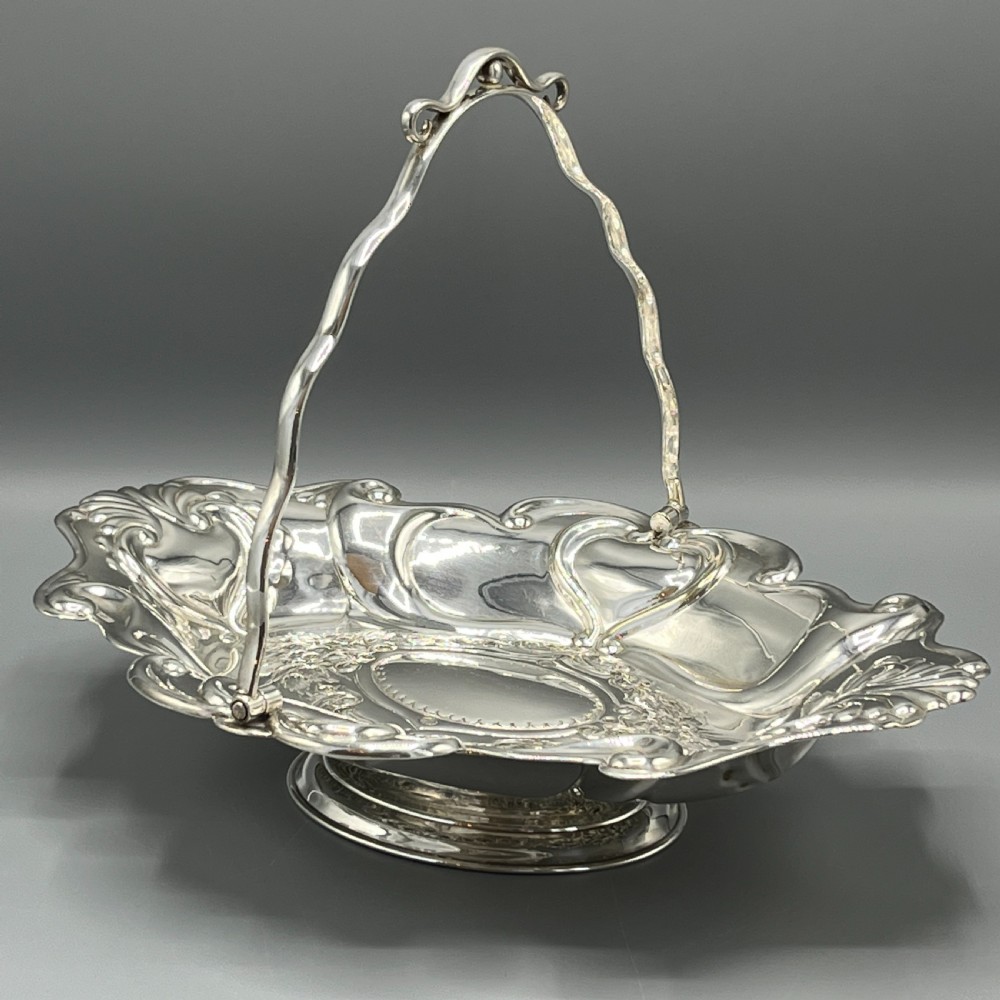 Art Nouveau Silver Plated Embossed Fruit Basket Bowl with Swing Handle