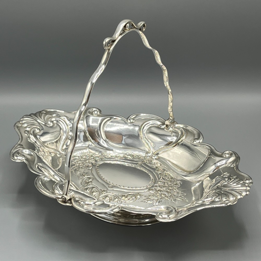 Art Nouveau Silver Plated Embossed Fruit Basket Bowl with Swing Handle View II
