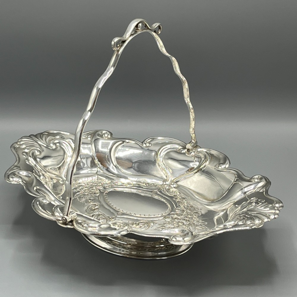Art Nouveau Silver Plated Embossed Fruit Basket Bowl with Swing Handle View III