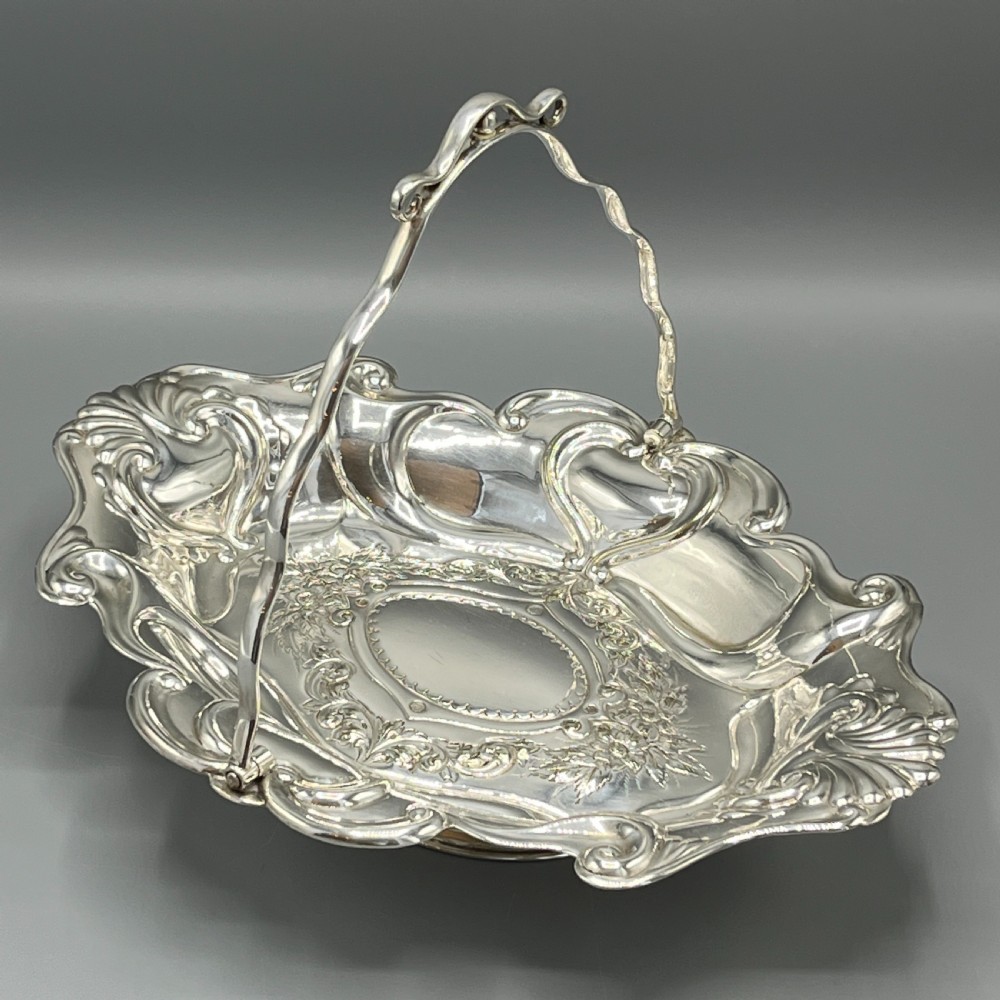 Art Nouveau Silver Plated Embossed Fruit Basket Bowl with Swing Handle View IV