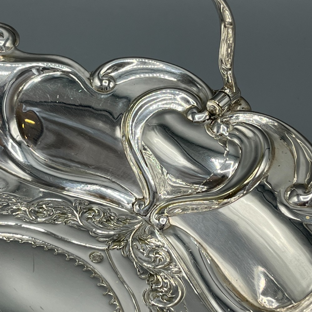 Art Nouveau Silver Plated Embossed Fruit Basket Bowl with Swing Handle View V