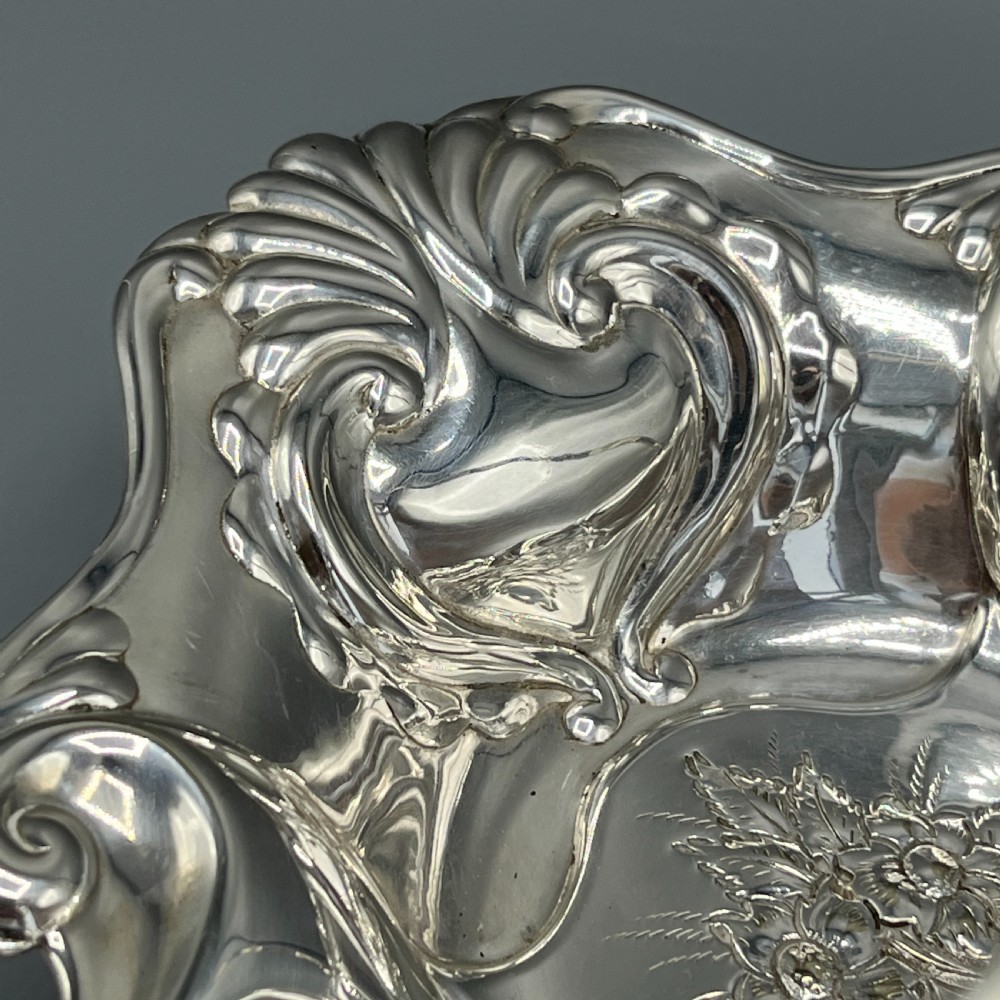 Art Nouveau Silver Plated Embossed Fruit Basket Bowl with Swing Handle View VI