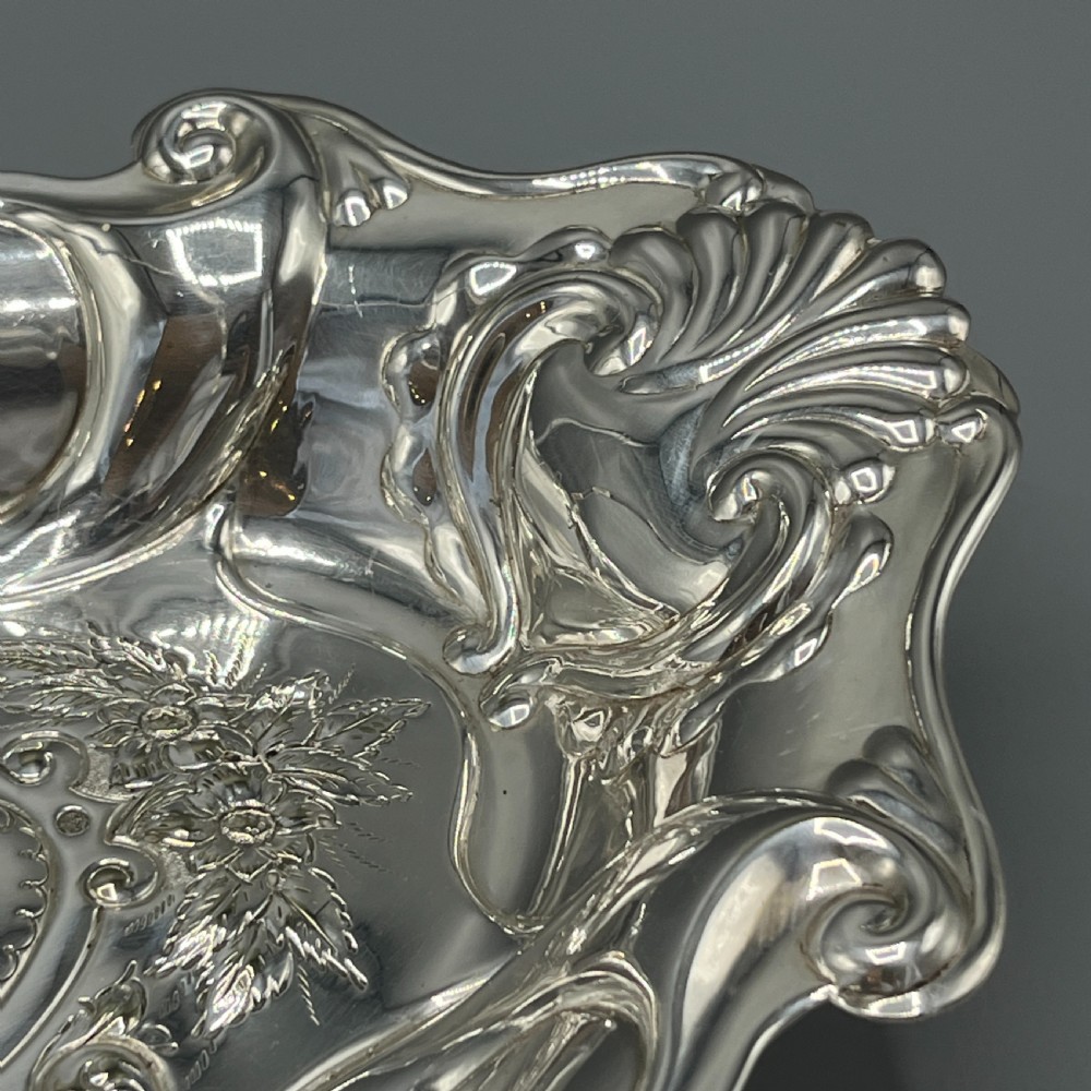 Art Nouveau Silver Plated Embossed Fruit Basket Bowl with Swing Handle View VII