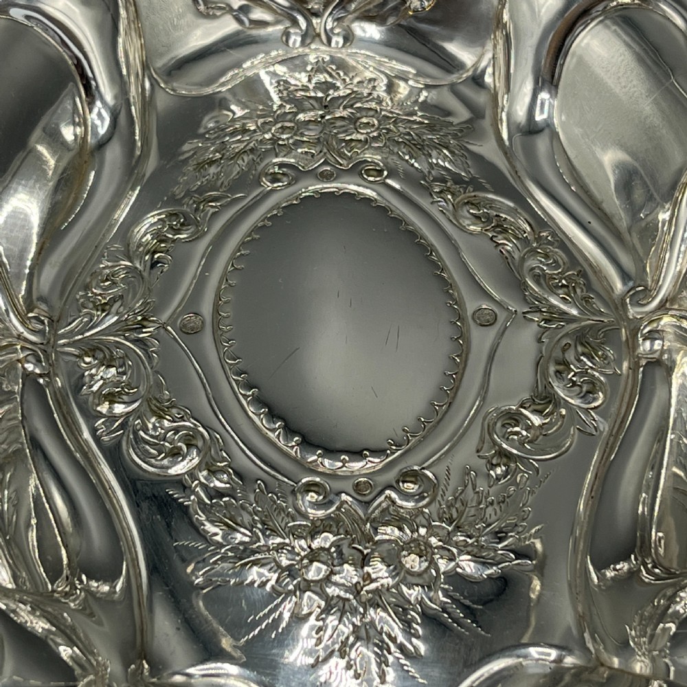 Art Nouveau Silver Plated Embossed Fruit Basket Bowl with Swing Handle View IX