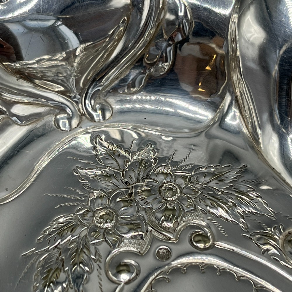 Art Nouveau Silver Plated Embossed Fruit Basket Bowl with Swing Handle View X