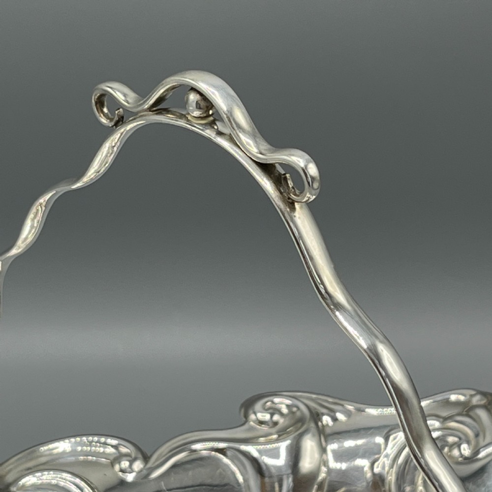 Art Nouveau Silver Plated Embossed Fruit Basket Bowl with Swing Handle View XII
