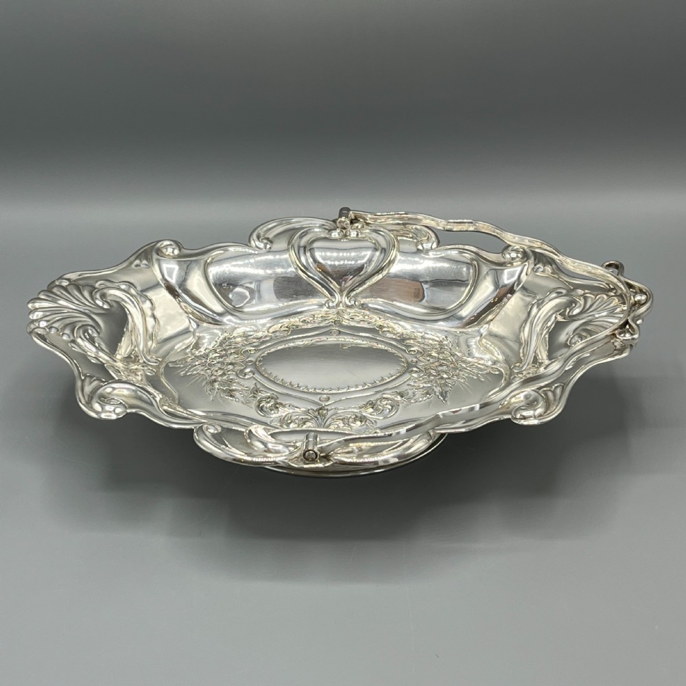 Art Nouveau Silver Plated Embossed Fruit Basket Bowl with Swing Handle View XIII