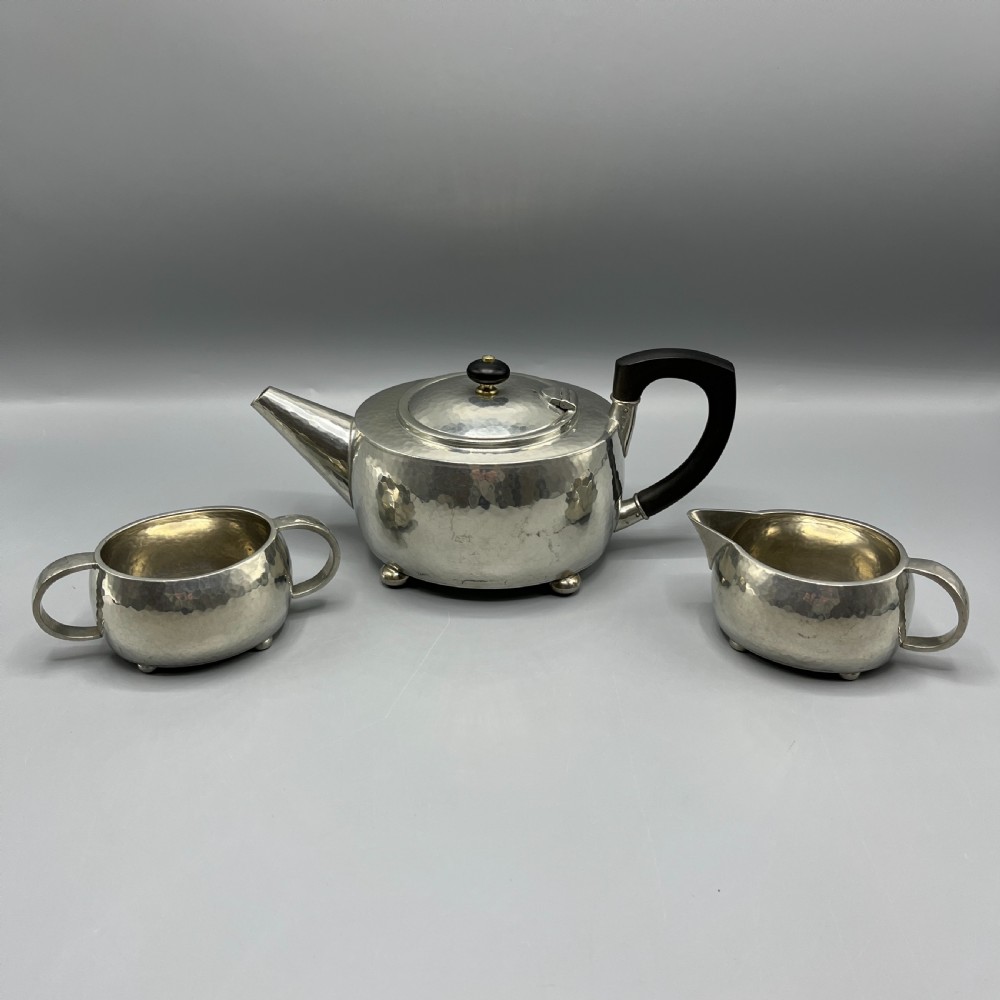 Liberty & Co Tudric Pewter Teapot Sugar Bowl Milk Jug 3-Piece Tea Set