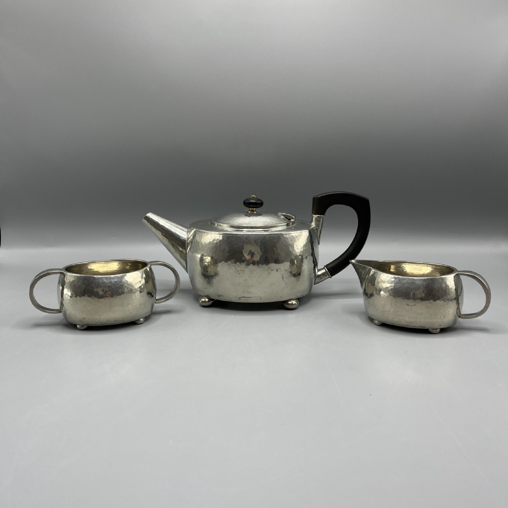 Liberty & Co Tudric Pewter Teapot Sugar Bowl Milk Jug 3-Piece Tea Set View II