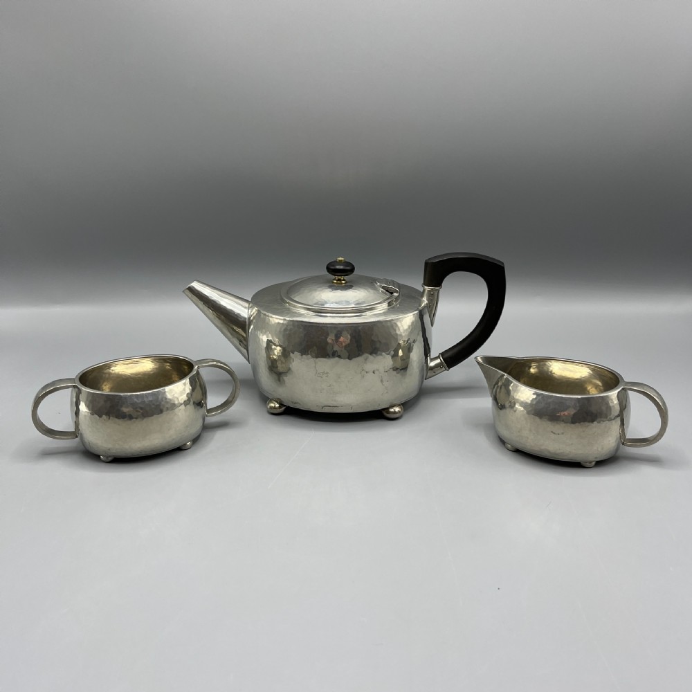 Liberty & Co Tudric Pewter Teapot Sugar Bowl Milk Jug 3-Piece Tea Set View III