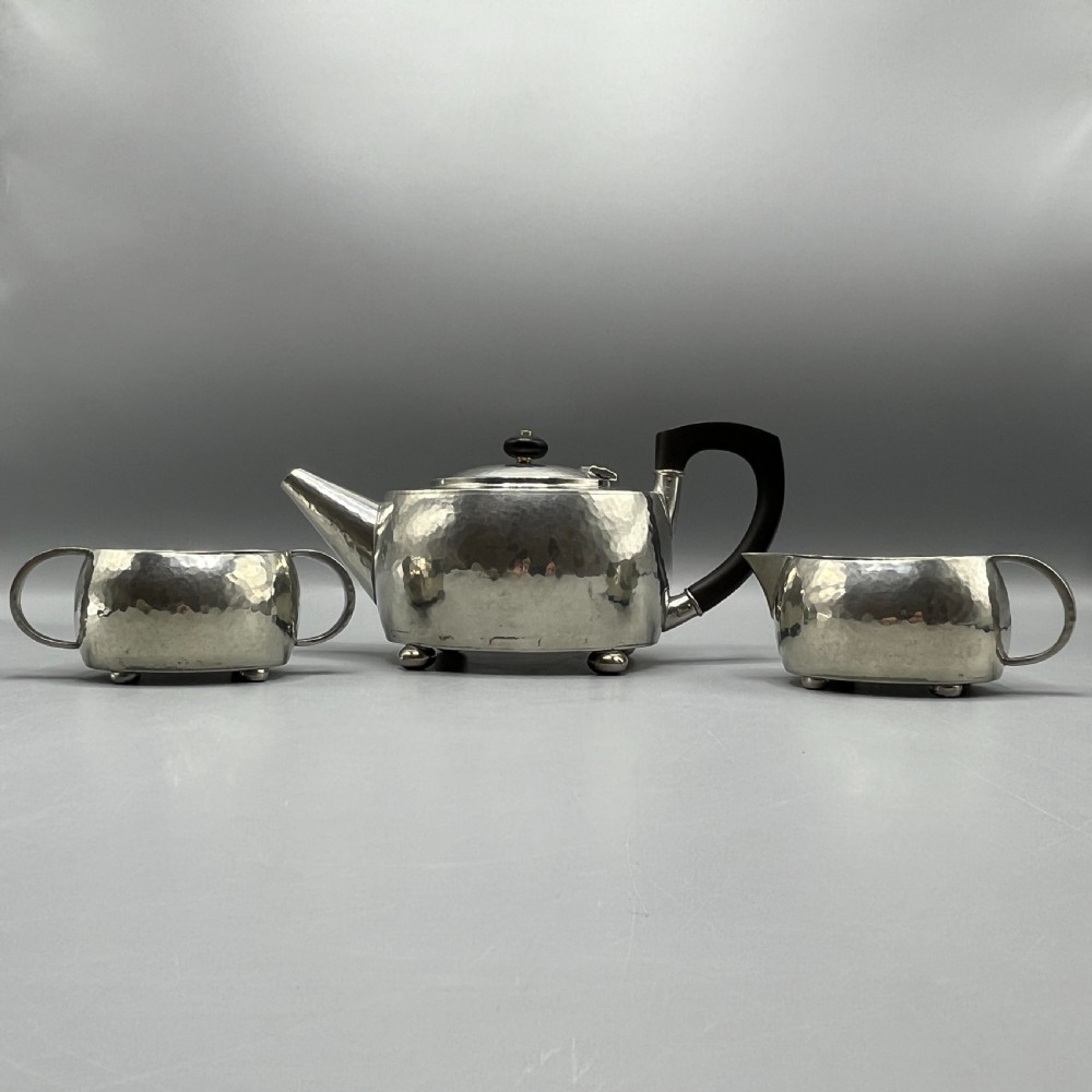 Liberty & Co Tudric Pewter Teapot Sugar Bowl Milk Jug 3-Piece Tea Set View IV