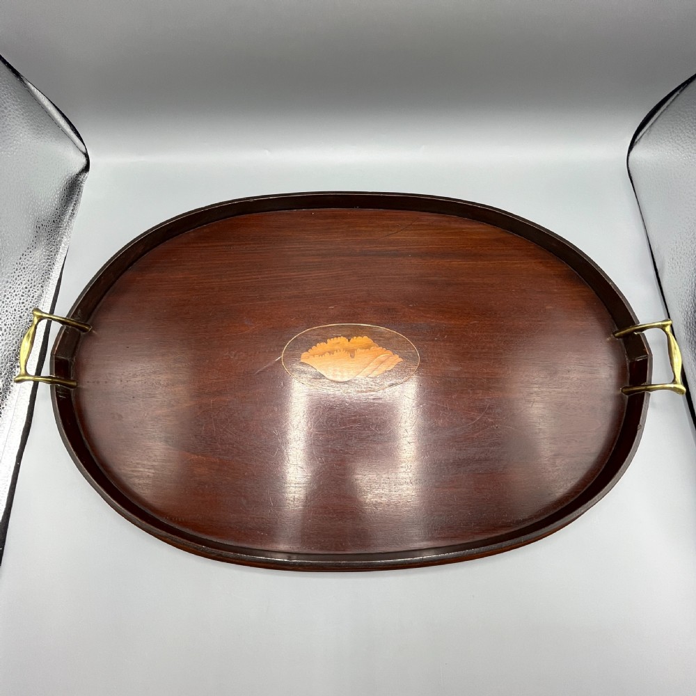 Large Antique Mahogany Inlaid Serving Tray View VI