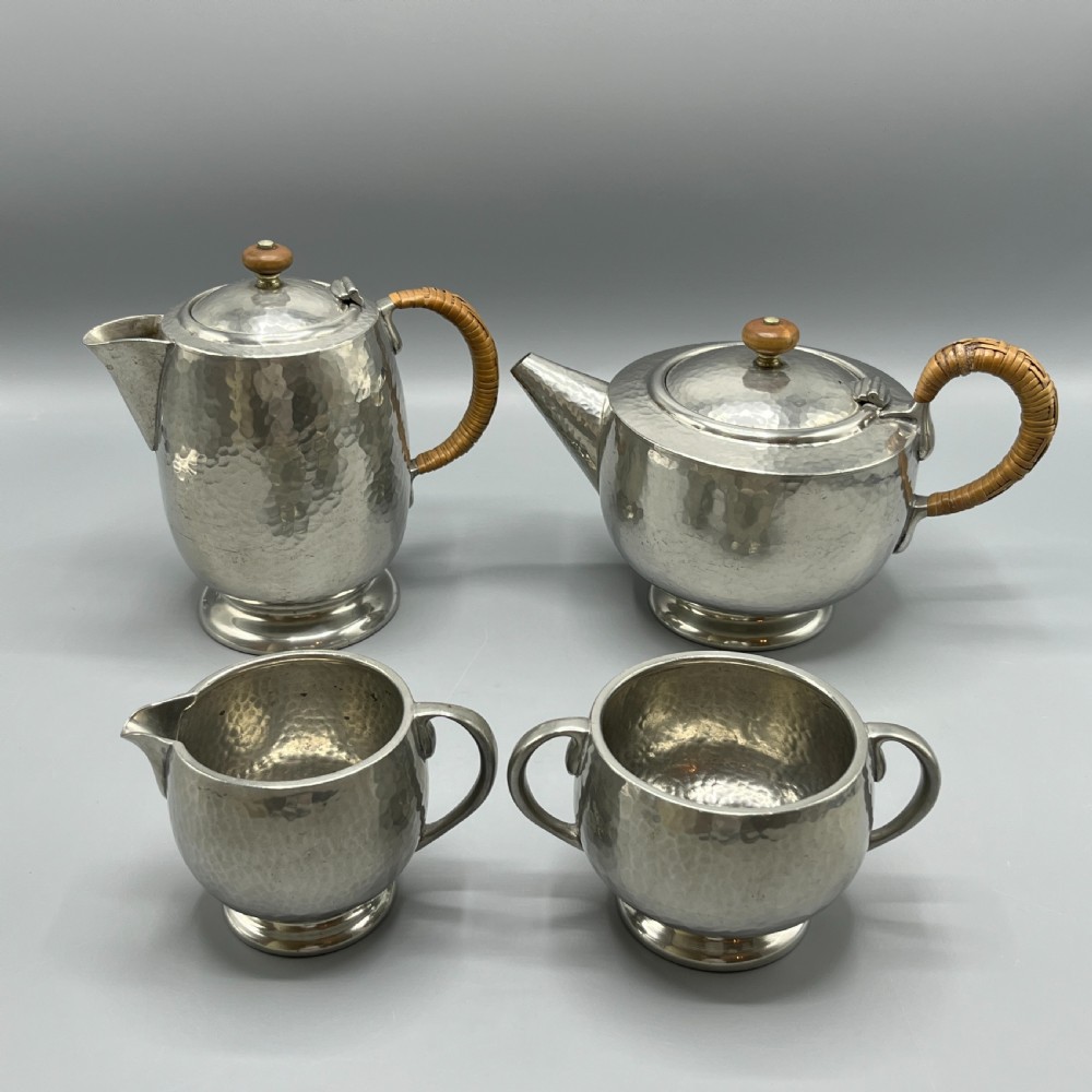 Liberty & Co Pewter Teapot & Coffee Pot 4-Piece Set with Rattan Handles