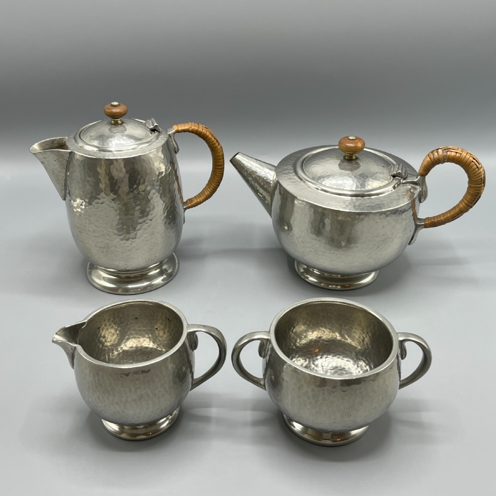 Liberty & Co Pewter Teapot & Coffee Pot 4-Piece Set with Rattan Handles View II