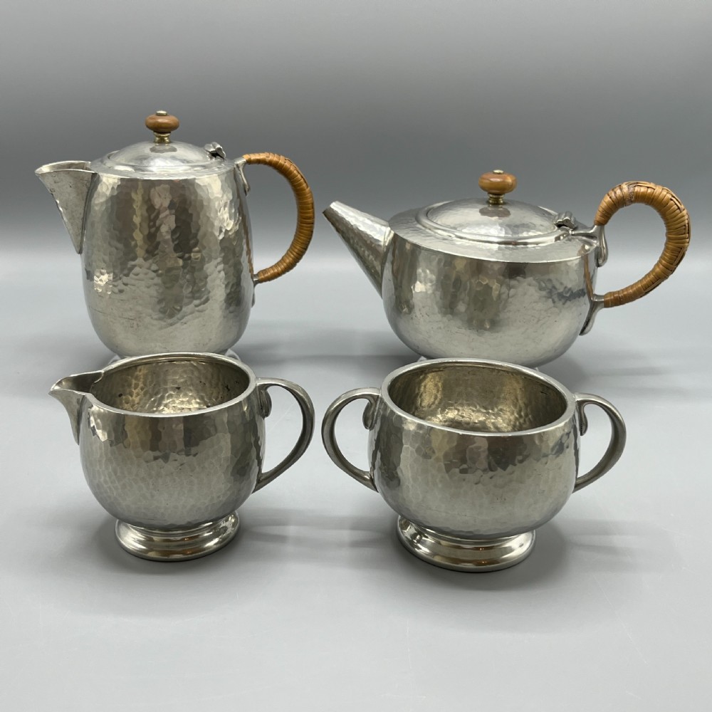 Liberty & Co Pewter Teapot & Coffee Pot 4-Piece Set with Rattan Handles View III