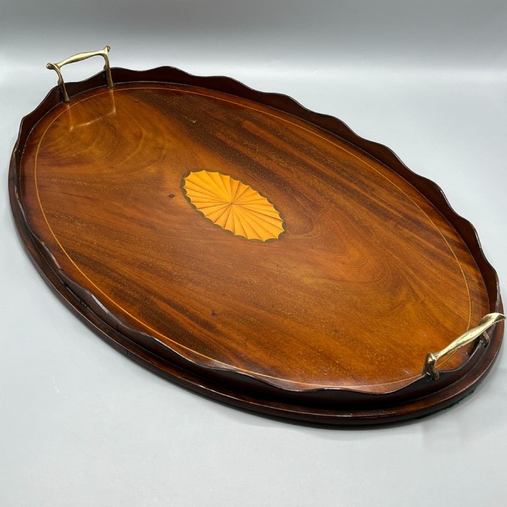 Large Edwardian Mahogany Inlaid Serving Tray with Scalloped Gallery