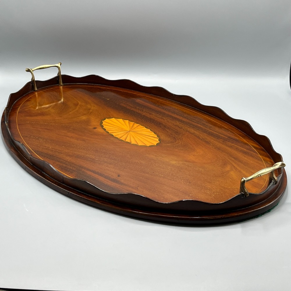 Large Edwardian Mahogany Inlaid Serving Tray with Scalloped Gallery View II