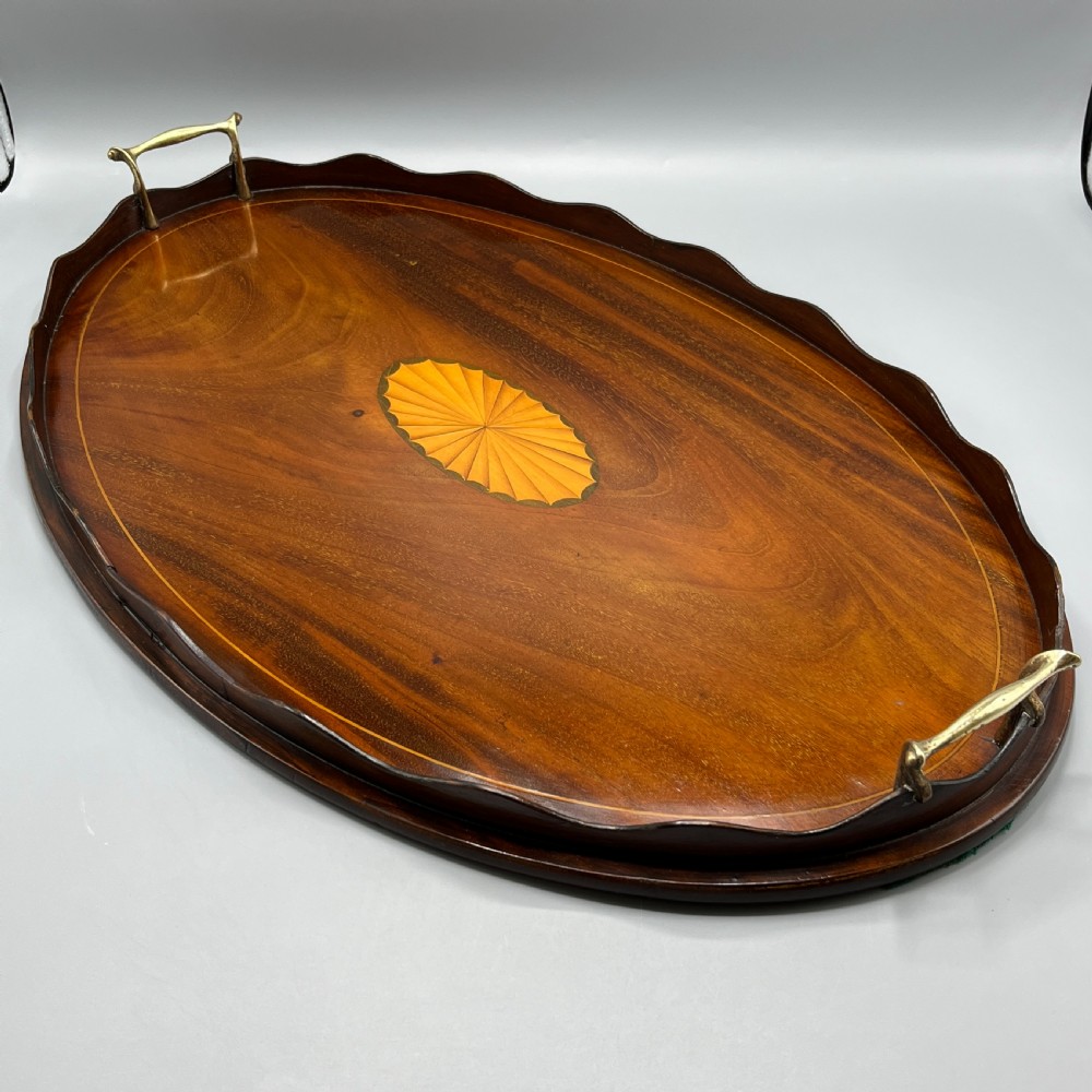 Large Edwardian Mahogany Inlaid Serving Tray with Scalloped Gallery View III