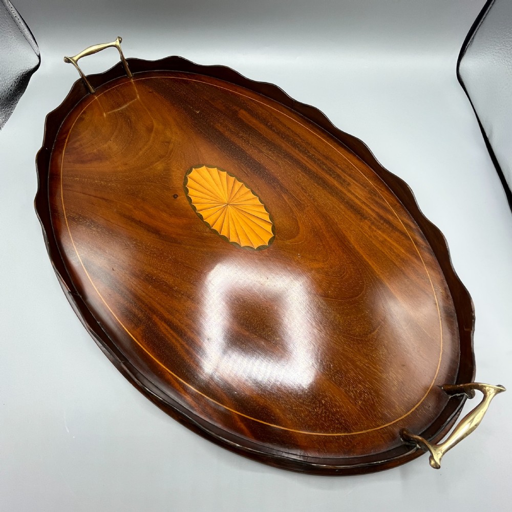 Large Edwardian Mahogany Inlaid Serving Tray with Scalloped Gallery View IV