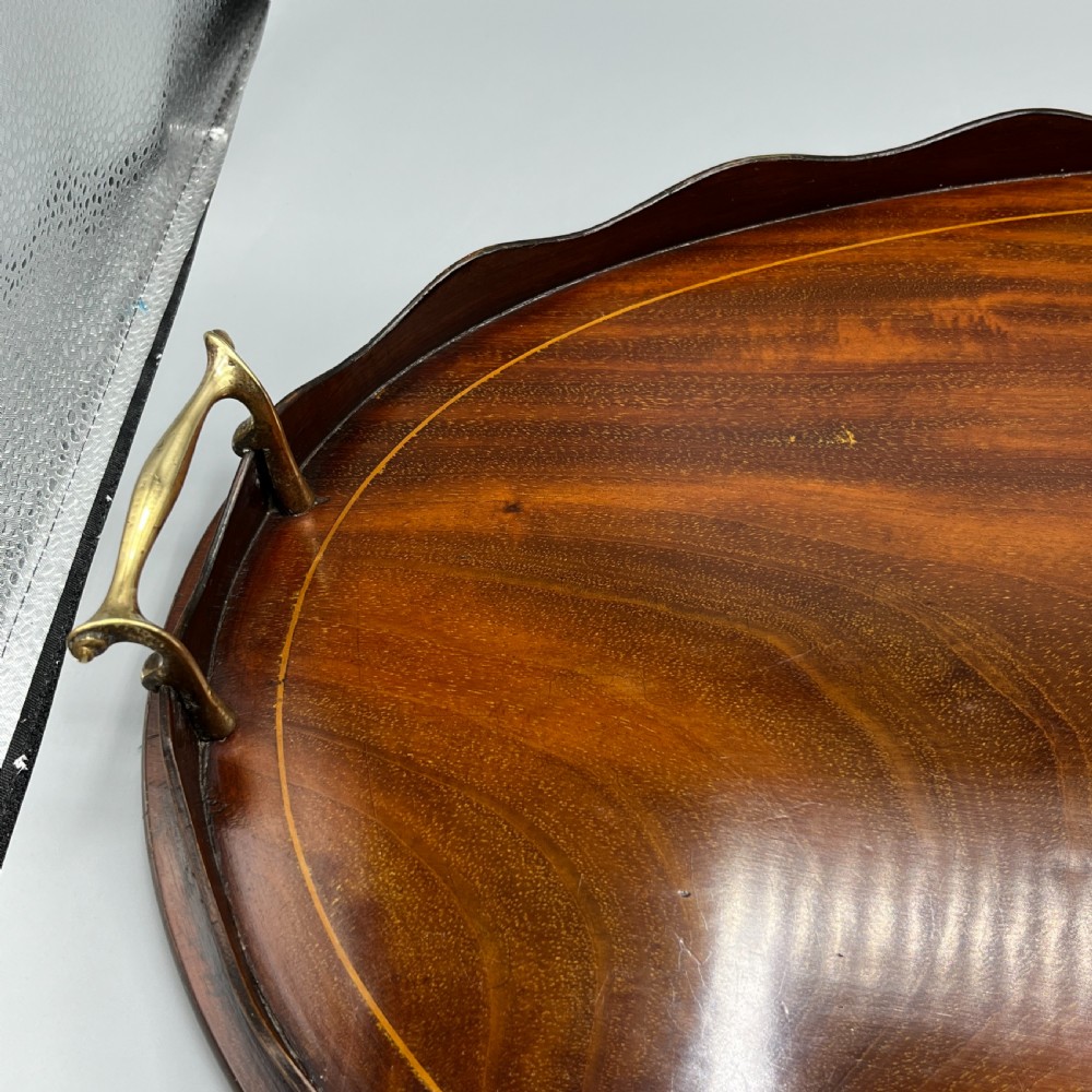 Large Edwardian Mahogany Inlaid Serving Tray with Scalloped Gallery View V
