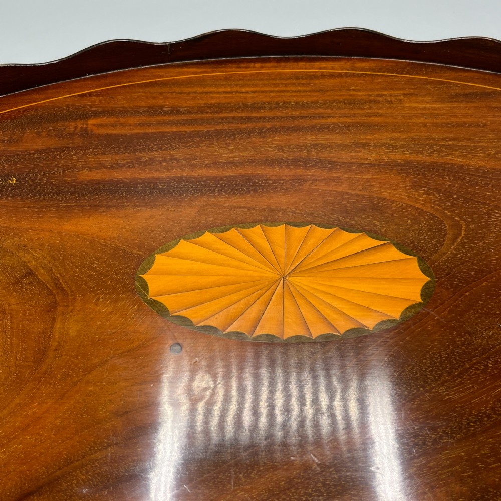 Large Edwardian Mahogany Inlaid Serving Tray with Scalloped Gallery View VI