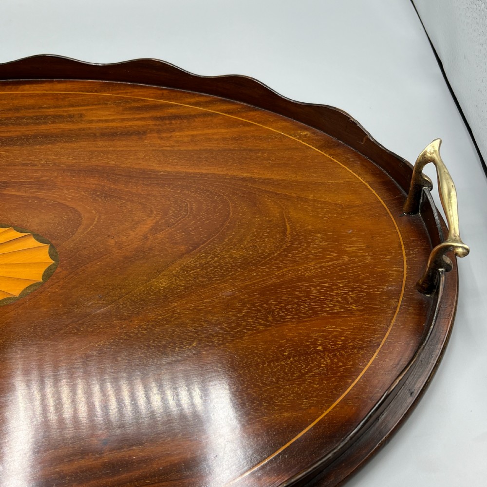 Large Edwardian Mahogany Inlaid Serving Tray with Scalloped Gallery View VII