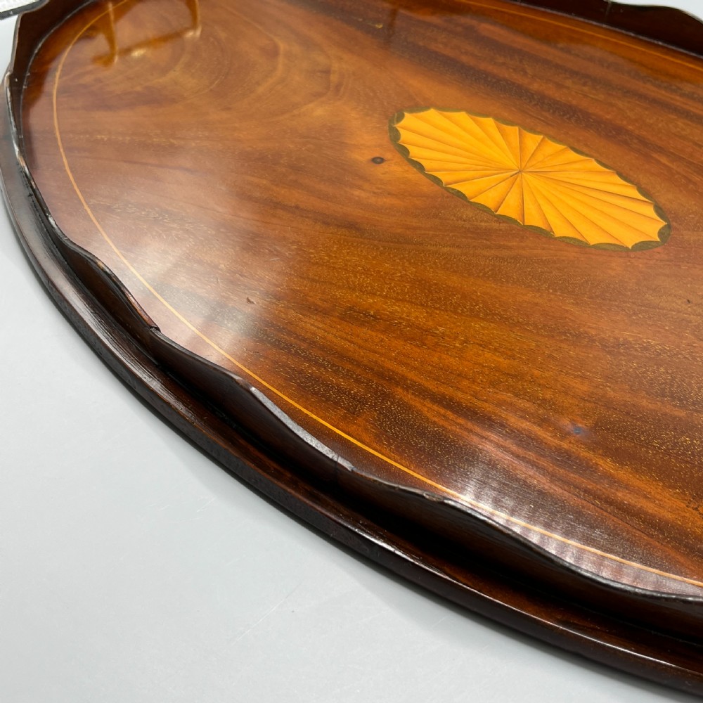 Large Edwardian Mahogany Inlaid Serving Tray with Scalloped Gallery View VIII